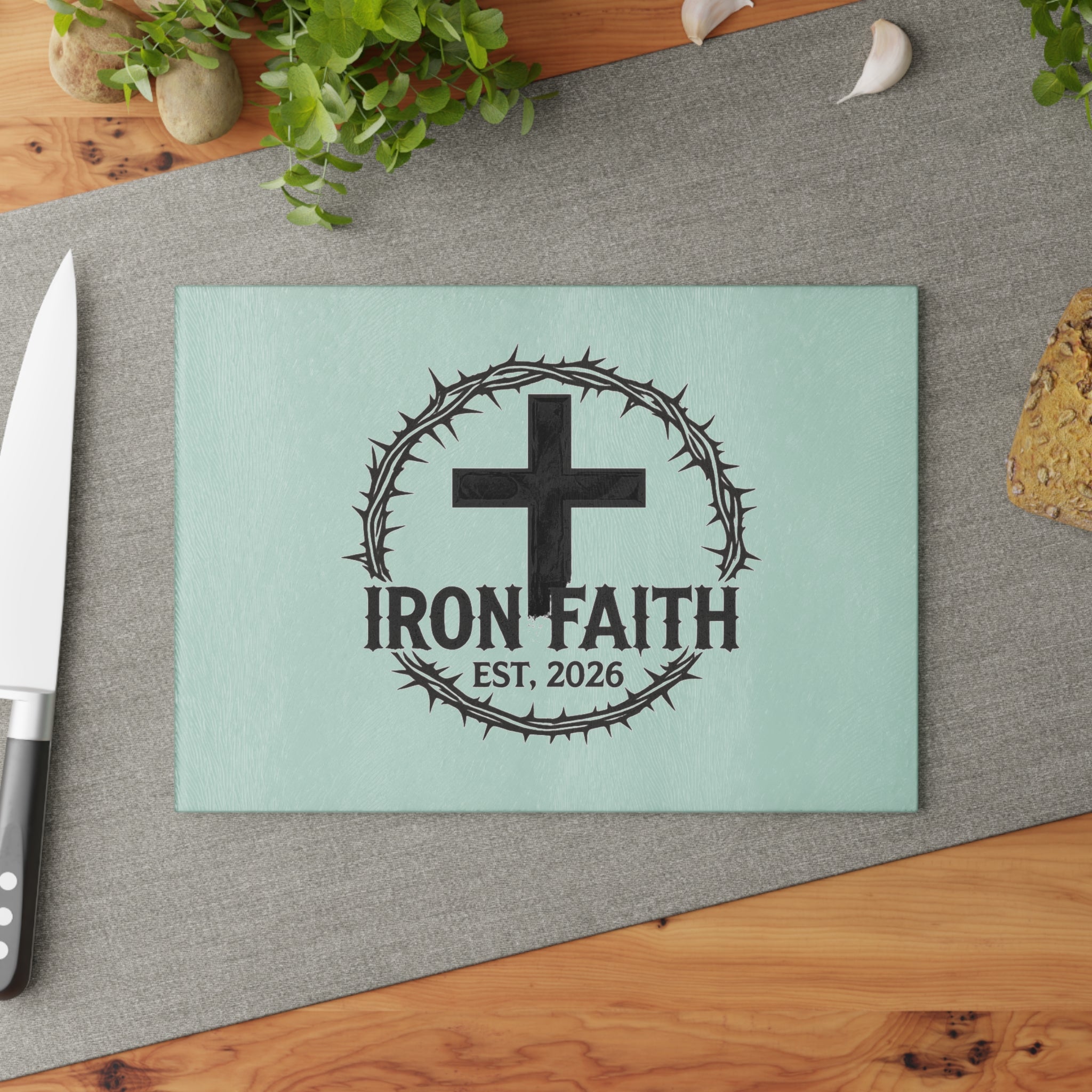 Iron Faith Crest Glass Cutting Board