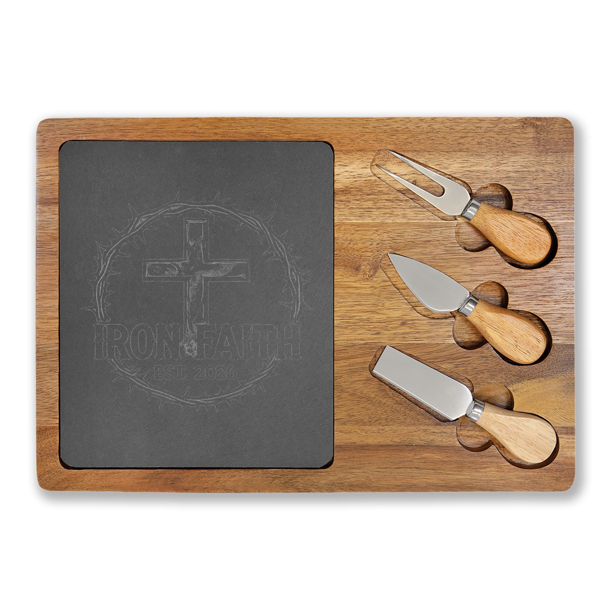 Iron Faith Crest Charcuterie Board & Cheese Knives