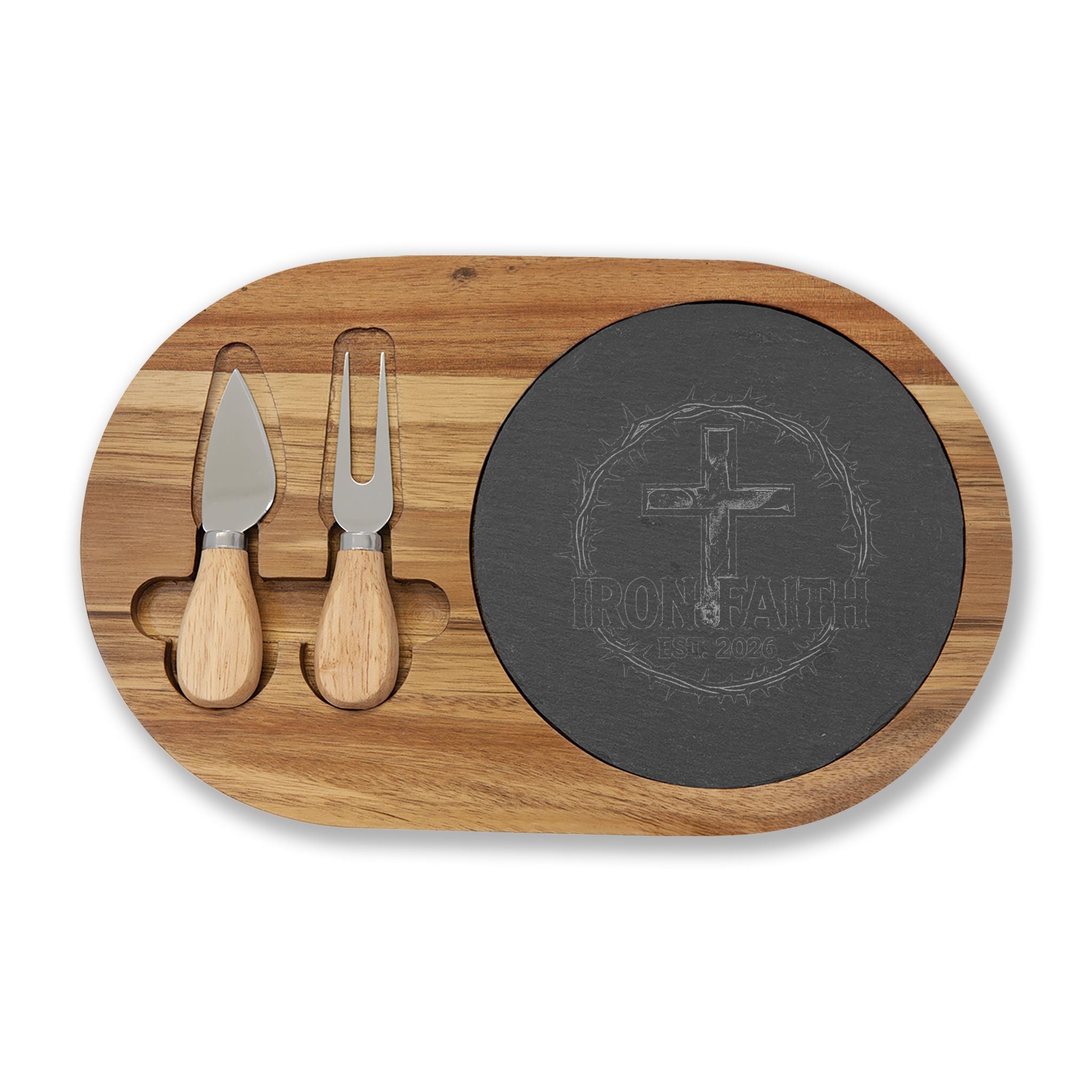 Iron Faith Crest Charcuterie Board & Cheese Knives